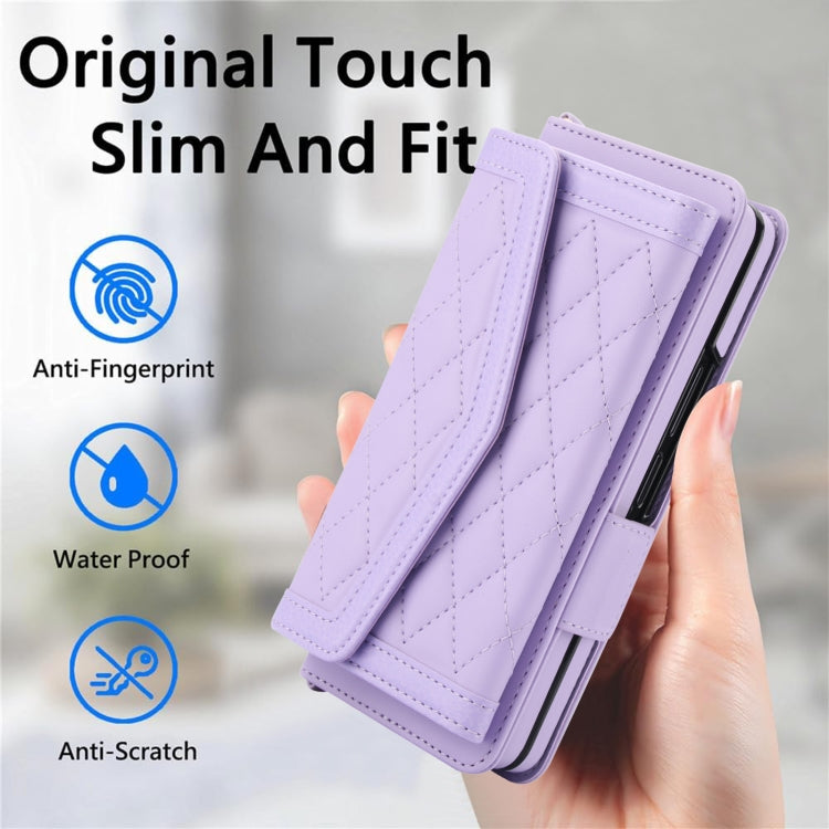 For Samsung Galaxy Z Fold5 Splicing Rhombic Texture Card Holder Phone Case with Lanyard, Not Included Pen(Purple) - Galaxy Z Fold5 Cases by buy2fix | Online Shopping UK | buy2fix