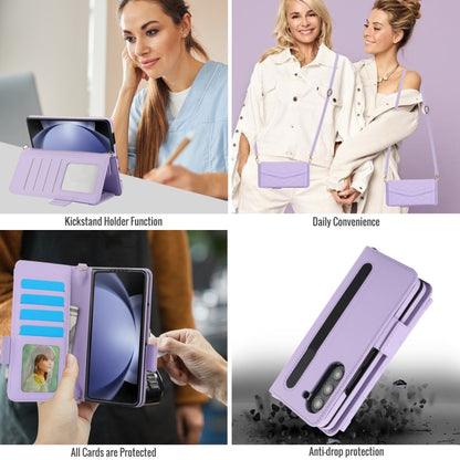 For Samsung Galaxy Z Fold5 Splicing Rhombic Texture Card Holder Phone Case with Lanyard, Not Included Pen(Purple) - Galaxy Z Fold5 Cases by buy2fix | Online Shopping UK | buy2fix