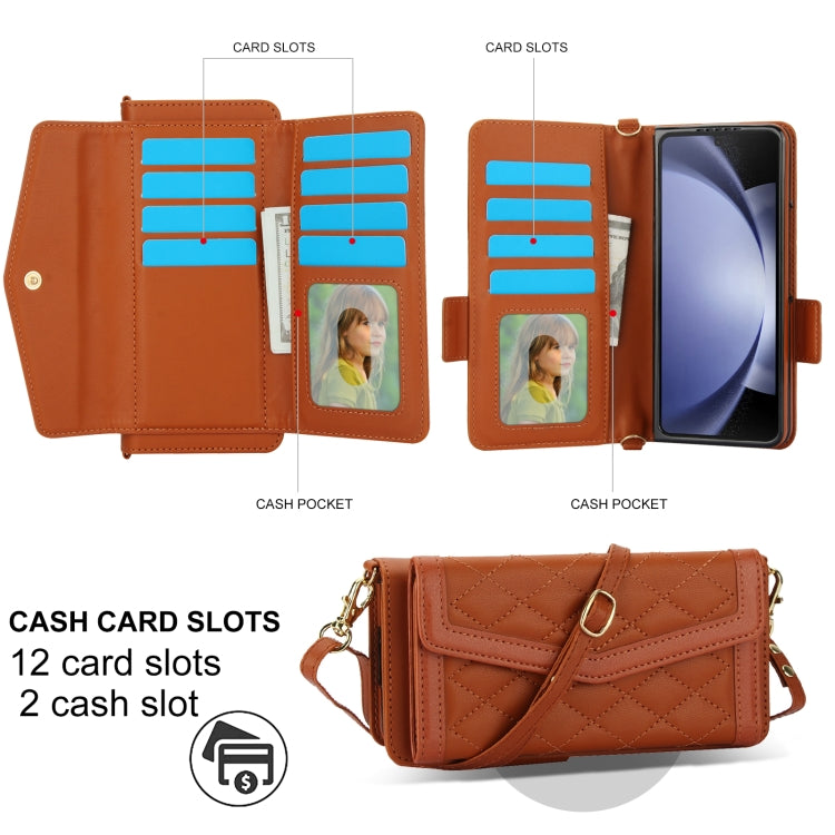 For Samsung Galaxy Z Fold5 Splicing Rhombic Texture Card Holder Phone Case with Lanyard, Not Included Pen(Brown) - Galaxy Z Fold5 Cases by buy2fix | Online Shopping UK | buy2fix