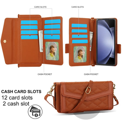 For Samsung Galaxy Z Fold5 Splicing Rhombic Texture Card Holder Phone Case with Lanyard, Not Included Pen(Brown) - Galaxy Z Fold5 Cases by buy2fix | Online Shopping UK | buy2fix