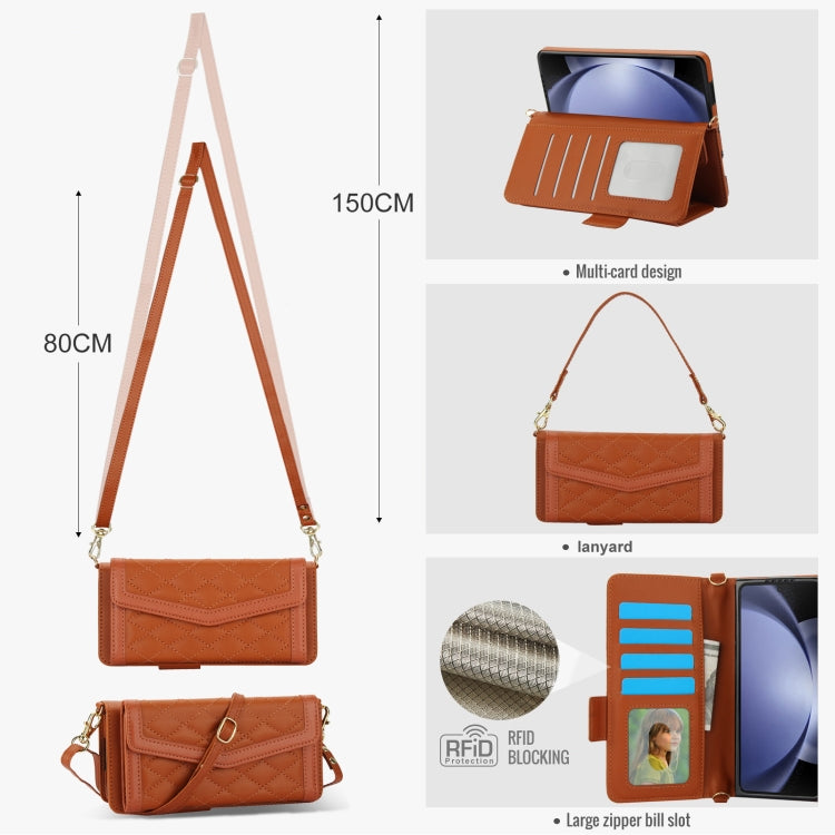 For Samsung Galaxy Z Fold5 Splicing Rhombic Texture Card Holder Phone Case with Lanyard, Not Included Pen(Brown) - Galaxy Z Fold5 Cases by buy2fix | Online Shopping UK | buy2fix