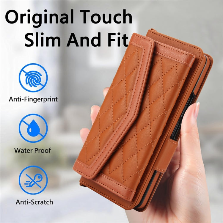 For Samsung Galaxy Z Fold5 Splicing Rhombic Texture Card Holder Phone Case with Lanyard, Not Included Pen(Brown) - Galaxy Z Fold5 Cases by buy2fix | Online Shopping UK | buy2fix
