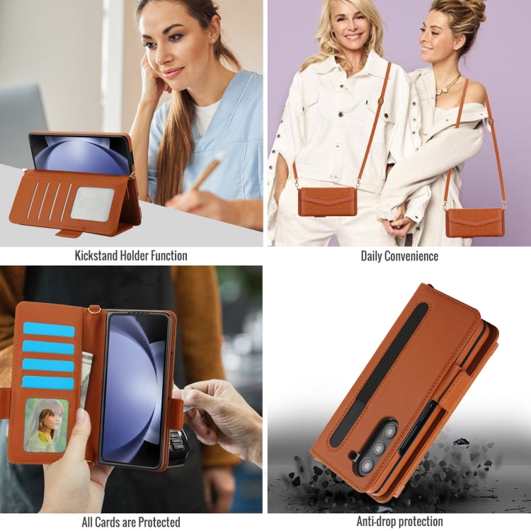 For Samsung Galaxy Z Fold5 Splicing Rhombic Texture Card Holder Phone Case with Lanyard, Not Included Pen(Brown) - Galaxy Z Fold5 Cases by buy2fix | Online Shopping UK | buy2fix