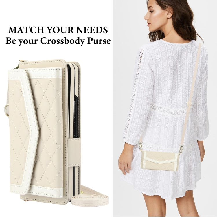 For Samsung Galaxy Z Fold4 Splicing Rhombic Texture Card Holder Phone Case with Lanyard, Not Included Pen(Beige) - Galaxy Z Fold4 5G Cases by buy2fix | Online Shopping UK | buy2fix