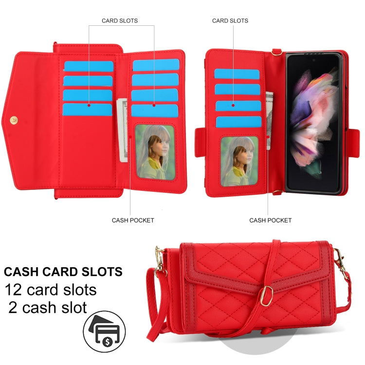 For Samsung Galaxy Z Fold4 Splicing Rhombic Texture Card Holder Phone Case with Lanyard, Not Included Pen(Red) - Galaxy Z Fold4 5G Cases by buy2fix | Online Shopping UK | buy2fix