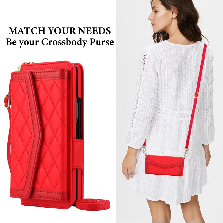 For Samsung Galaxy Z Fold4 Splicing Rhombic Texture Card Holder Phone Case with Lanyard, Not Included Pen(Red) - Galaxy Z Fold4 5G Cases by buy2fix | Online Shopping UK | buy2fix