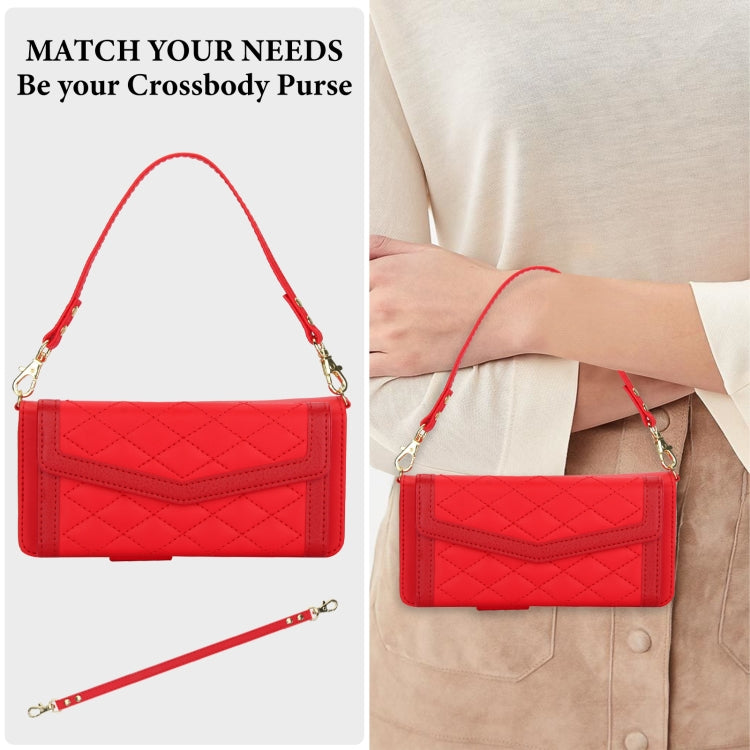 For Samsung Galaxy Z Fold4 Splicing Rhombic Texture Card Holder Phone Case with Lanyard, Not Included Pen(Red) - Galaxy Z Fold4 5G Cases by buy2fix | Online Shopping UK | buy2fix