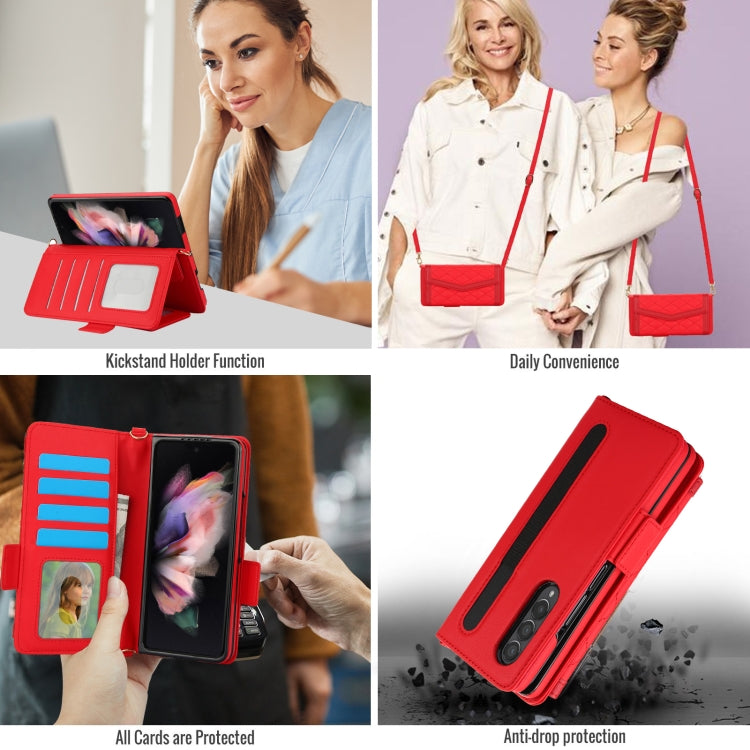 For Samsung Galaxy Z Fold4 Splicing Rhombic Texture Card Holder Phone Case with Lanyard, Not Included Pen(Red) - Galaxy Z Fold4 5G Cases by buy2fix | Online Shopping UK | buy2fix