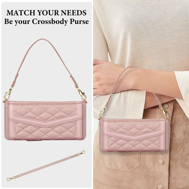 For Samsung Galaxy Z Fold4 Splicing Rhombic Texture Card Holder Phone Case with Lanyard, Not Included Pen(Rose Gold) - Galaxy Z Fold4 5G Cases by buy2fix | Online Shopping UK | buy2fix