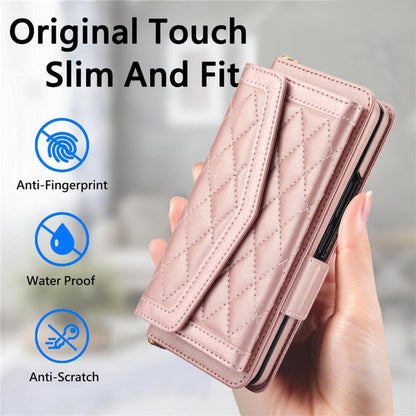 For Samsung Galaxy Z Fold4 Splicing Rhombic Texture Card Holder Phone Case with Lanyard, Not Included Pen(Rose Gold) - Galaxy Z Fold4 5G Cases by buy2fix | Online Shopping UK | buy2fix