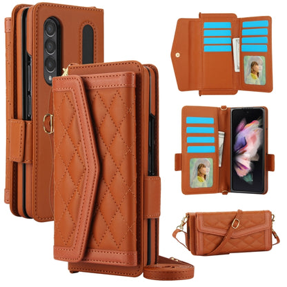 For Samsung Galaxy Z Fold4 Splicing Rhombic Texture Card Holder Phone Case with Lanyard, Not Included Pen(Brown) - Galaxy Z Fold4 5G Cases by buy2fix | Online Shopping UK | buy2fix