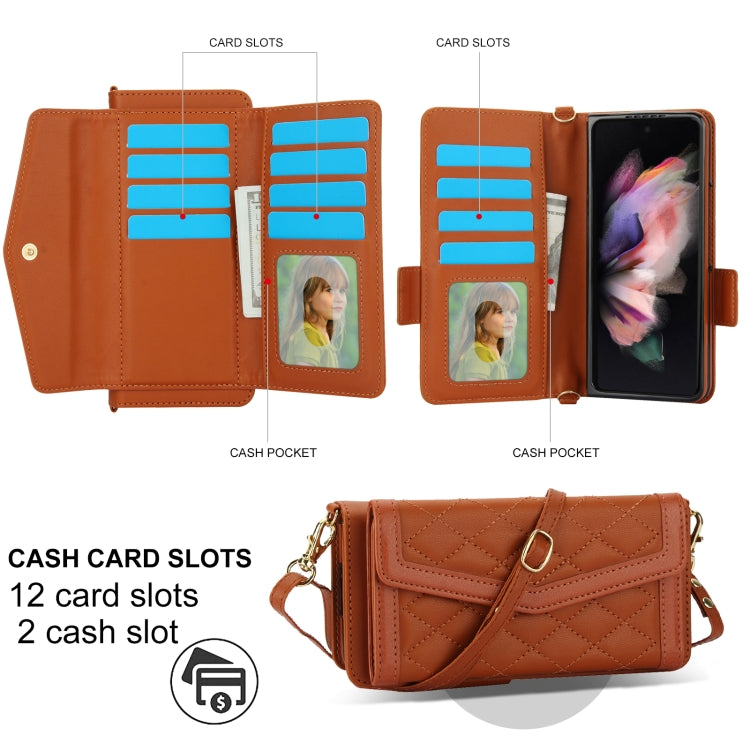 For Samsung Galaxy Z Fold4 Splicing Rhombic Texture Card Holder Phone Case with Lanyard, Not Included Pen(Brown) - Galaxy Z Fold4 5G Cases by buy2fix | Online Shopping UK | buy2fix