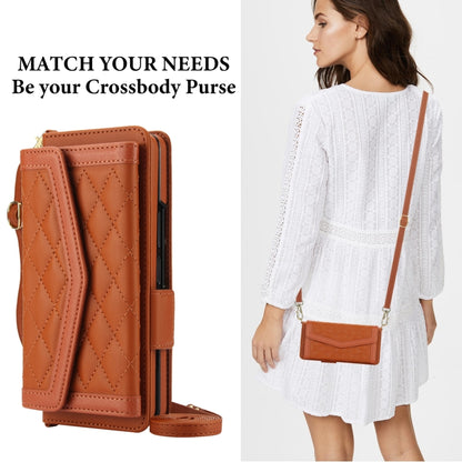 For Samsung Galaxy Z Fold4 Splicing Rhombic Texture Card Holder Phone Case with Lanyard, Not Included Pen(Brown) - Galaxy Z Fold4 5G Cases by buy2fix | Online Shopping UK | buy2fix