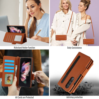 For Samsung Galaxy Z Fold4 Splicing Rhombic Texture Card Holder Phone Case with Lanyard, Not Included Pen(Brown) - Galaxy Z Fold4 5G Cases by buy2fix | Online Shopping UK | buy2fix