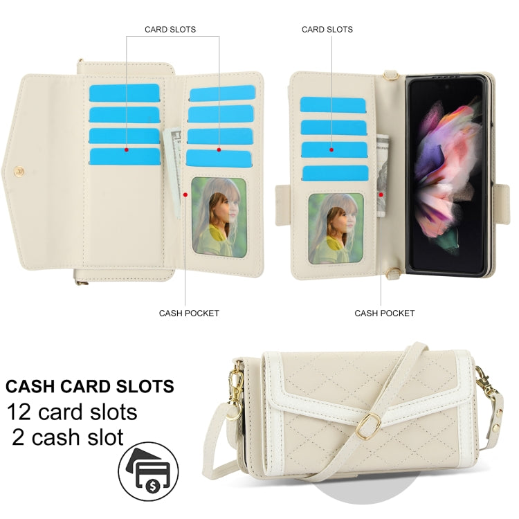 For Samsung Galaxy Z Fold3 5G Splicing Rhombic Texture Card Holder Phone Case with Lanyard, Not Included Pen(Beige) - Galaxy Phone Cases by buy2fix | Online Shopping UK | buy2fix