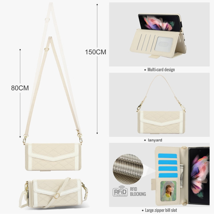 For Samsung Galaxy Z Fold3 5G Splicing Rhombic Texture Card Holder Phone Case with Lanyard, Not Included Pen(Beige) - Galaxy Phone Cases by buy2fix | Online Shopping UK | buy2fix
