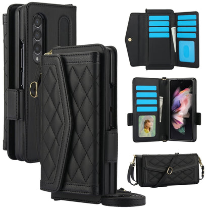 For Samsung Galaxy Z Fold3 5G Splicing Rhombic Texture Card Holder Phone Case with Lanyard, Not Included Pen(Black) - Galaxy Phone Cases by buy2fix | Online Shopping UK | buy2fix