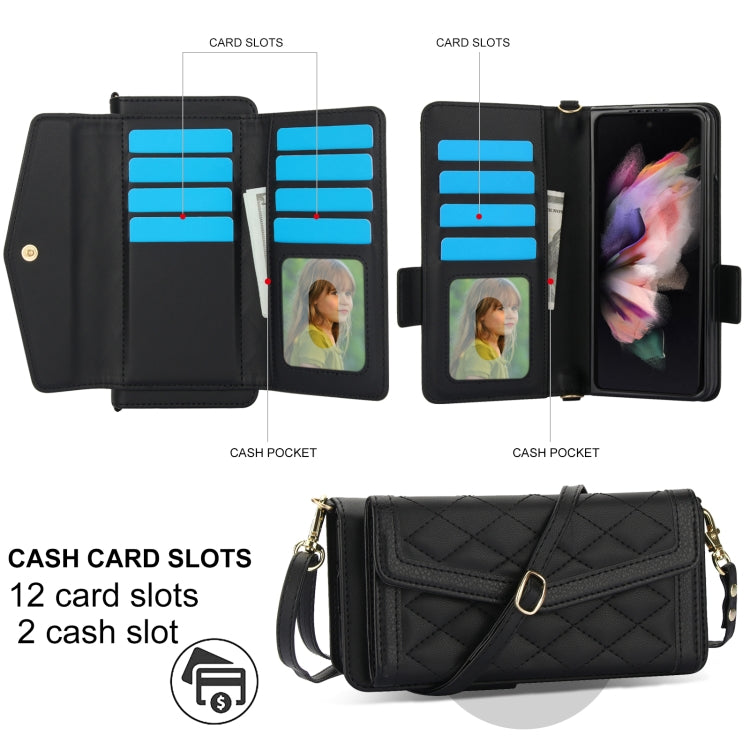 For Samsung Galaxy Z Fold3 5G Splicing Rhombic Texture Card Holder Phone Case with Lanyard, Not Included Pen(Black) - Galaxy Phone Cases by buy2fix | Online Shopping UK | buy2fix