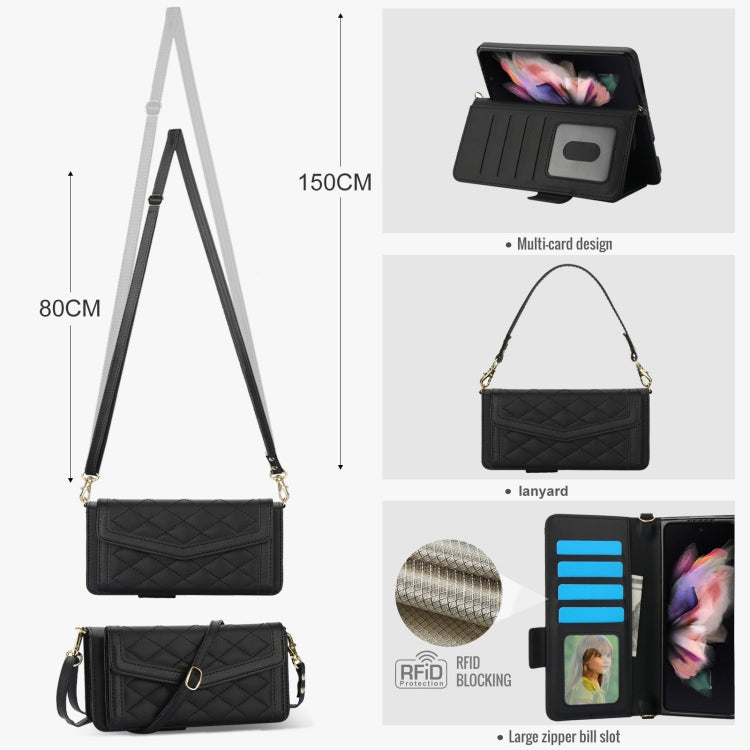 For Samsung Galaxy Z Fold3 5G Splicing Rhombic Texture Card Holder Phone Case with Lanyard, Not Included Pen(Black) - Galaxy Phone Cases by buy2fix | Online Shopping UK | buy2fix