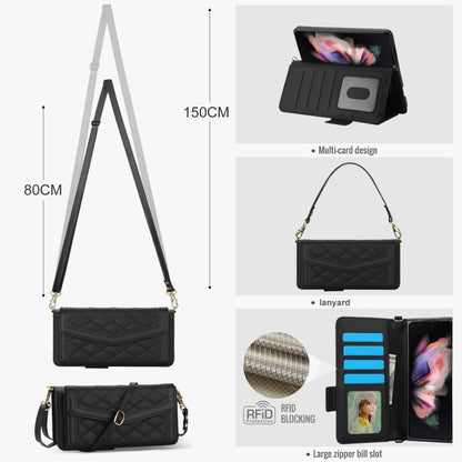 For Samsung Galaxy Z Fold3 5G Splicing Rhombic Texture Card Holder Phone Case with Lanyard, Not Included Pen(Black) - Galaxy Phone Cases by buy2fix | Online Shopping UK | buy2fix