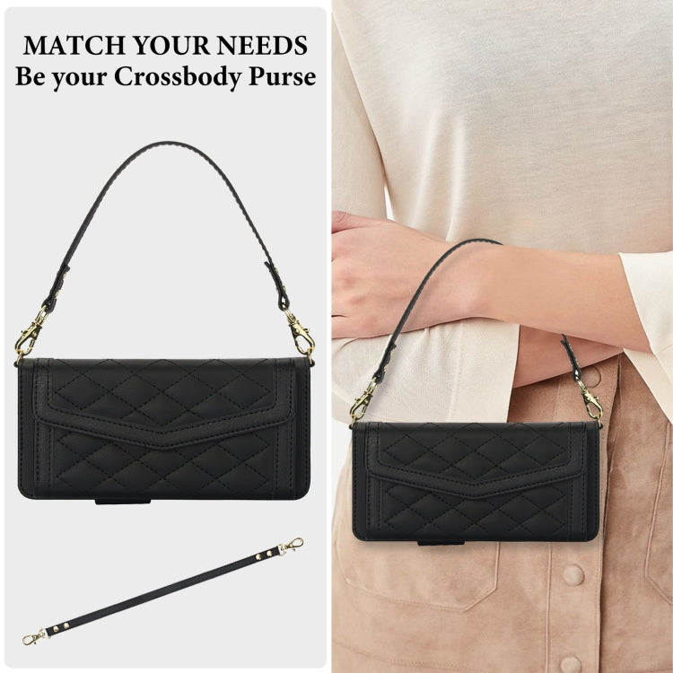 For Samsung Galaxy Z Fold3 5G Splicing Rhombic Texture Card Holder Phone Case with Lanyard, Not Included Pen(Black) - Galaxy Phone Cases by buy2fix | Online Shopping UK | buy2fix