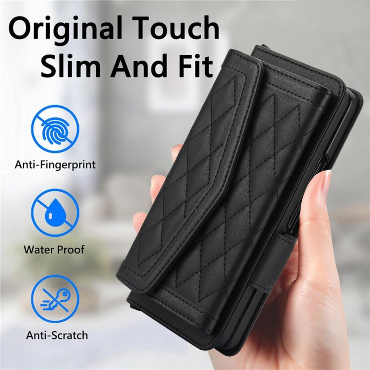 For Samsung Galaxy Z Fold3 5G Splicing Rhombic Texture Card Holder Phone Case with Lanyard, Not Included Pen(Black) - Galaxy Phone Cases by buy2fix | Online Shopping UK | buy2fix