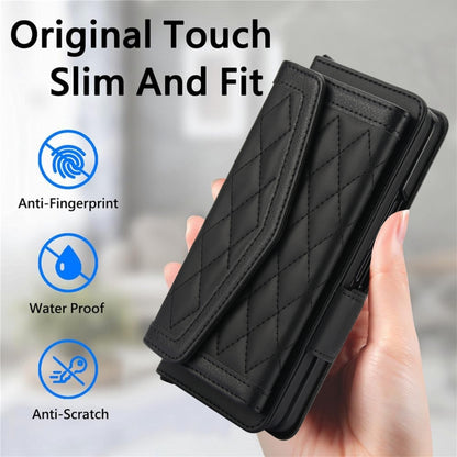 For Samsung Galaxy Z Fold3 5G Splicing Rhombic Texture Card Holder Phone Case with Lanyard, Not Included Pen(Black) - Galaxy Phone Cases by buy2fix | Online Shopping UK | buy2fix