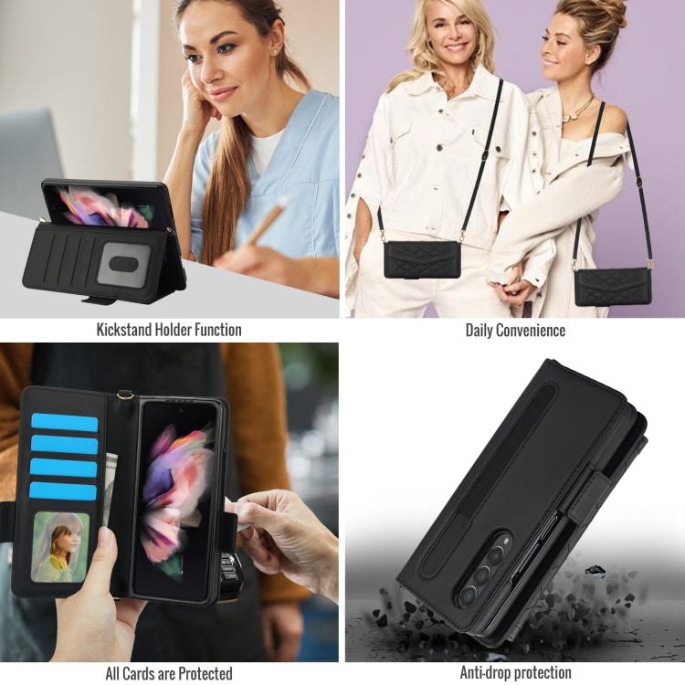 For Samsung Galaxy Z Fold3 5G Splicing Rhombic Texture Card Holder Phone Case with Lanyard, Not Included Pen(Black) - Galaxy Phone Cases by buy2fix | Online Shopping UK | buy2fix