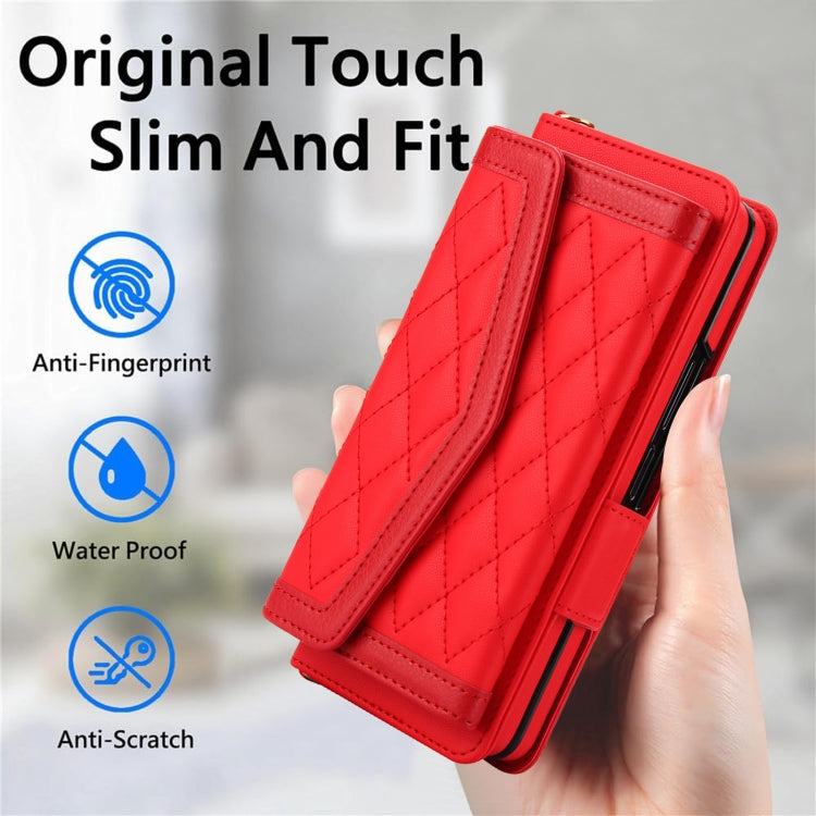 For Samsung Galaxy Z Fold3 5G Splicing Rhombic Texture Card Holder Phone Case with Lanyard, Not Included Pen(Red) - Galaxy Phone Cases by buy2fix | Online Shopping UK | buy2fix