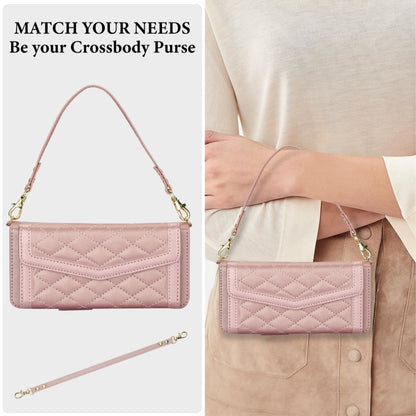 For Samsung Galaxy Z Fold3 5G Splicing Rhombic Texture Card Holder Phone Case with Lanyard, Not Included Pen(Rose Gold) - Galaxy Phone Cases by buy2fix | Online Shopping UK | buy2fix