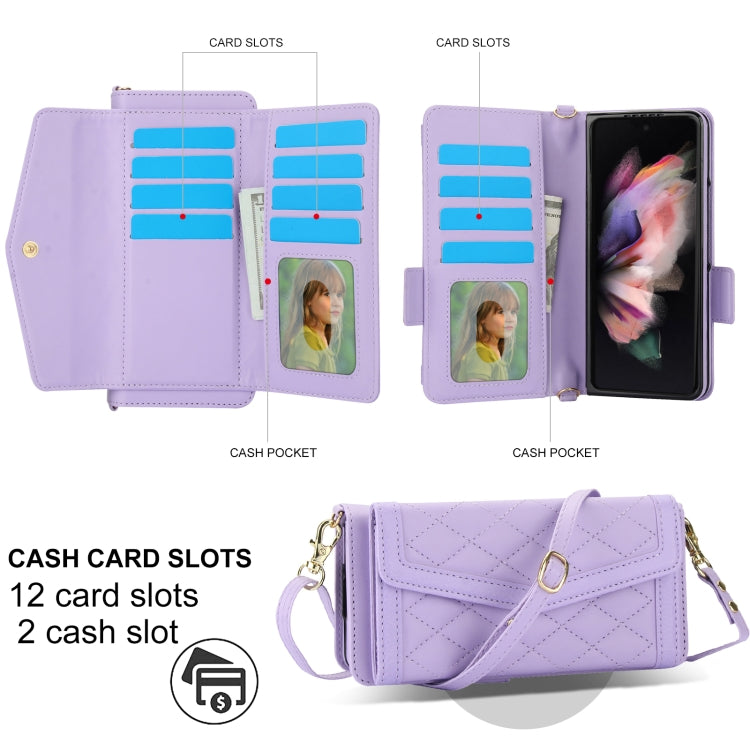 For Samsung Galaxy Z Fold3 5G Splicing Rhombic Texture Card Holder Phone Case with Lanyard, Not Included Pen(Purple) - Galaxy Phone Cases by buy2fix | Online Shopping UK | buy2fix