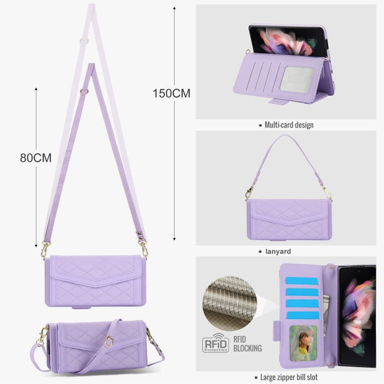 For Samsung Galaxy Z Fold3 5G Splicing Rhombic Texture Card Holder Phone Case with Lanyard, Not Included Pen(Purple) - Galaxy Phone Cases by buy2fix | Online Shopping UK | buy2fix