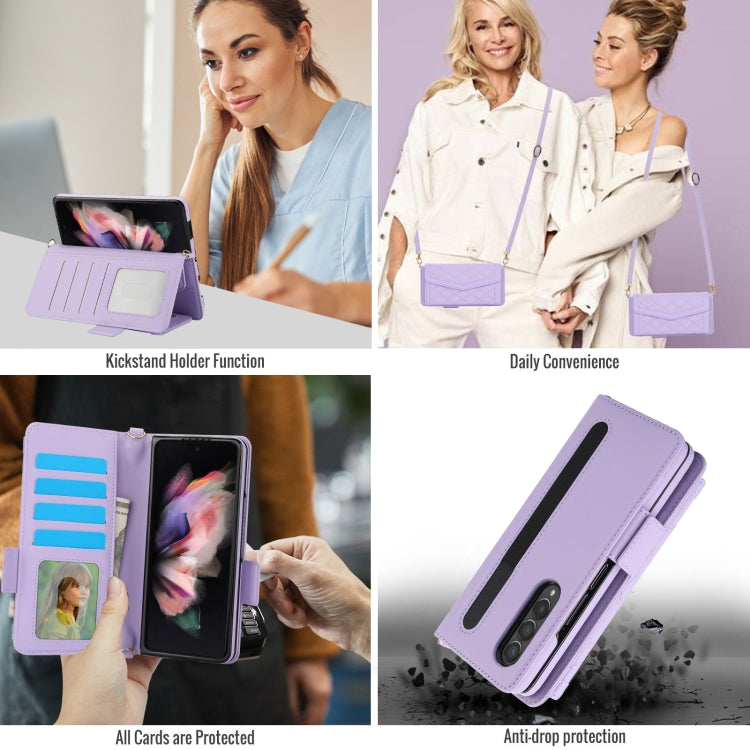 For Samsung Galaxy Z Fold3 5G Splicing Rhombic Texture Card Holder Phone Case with Lanyard, Not Included Pen(Purple) - Galaxy Phone Cases by buy2fix | Online Shopping UK | buy2fix