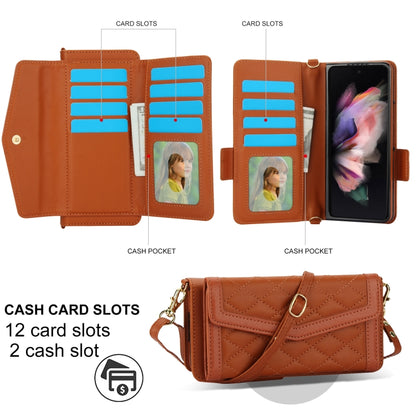 For Samsung Galaxy Z Fold3 5G Splicing Rhombic Texture Card Holder Phone Case with Lanyard, Not Included Pen(Brown) - Galaxy Phone Cases by buy2fix | Online Shopping UK | buy2fix