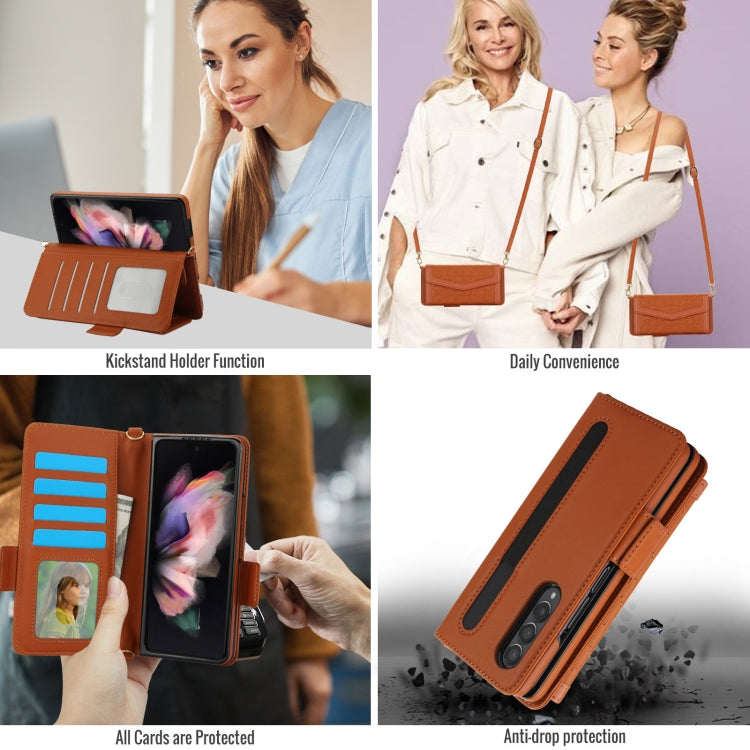 For Samsung Galaxy Z Fold3 5G Splicing Rhombic Texture Card Holder Phone Case with Lanyard, Not Included Pen(Brown) - Galaxy Phone Cases by buy2fix | Online Shopping UK | buy2fix