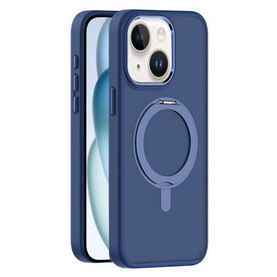 For iPhone 15 Skin Feel Frosted MagSafe Magnetic Rotating Holder Phone Case(Dark Blue)