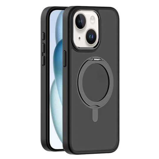 For iPhone 15 Skin Feel Frosted MagSafe Magnetic Rotating Holder Phone Case(Black)