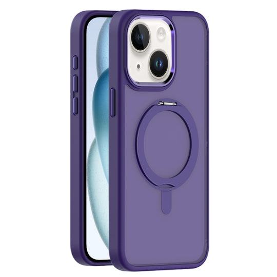 For iPhone 15 Skin Feel Frosted MagSafe Magnetic Rotating Holder Phone Case(Purple)
