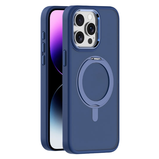 For iPhone 14 Pro Max Skin Feel Frosted MagSafe Magnetic Rotating Holder Phone Case(Dark Blue) - iPhone 14 Pro Max Cases by buy2fix | Online Shopping UK | buy2fix