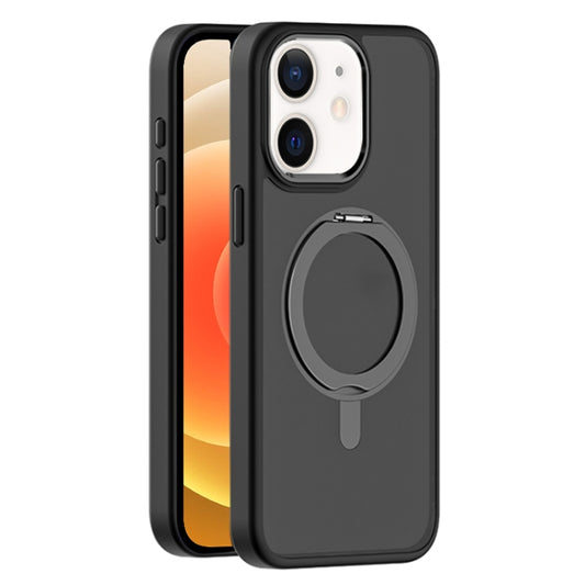 For iPhone 12 Skin Feel Frosted MagSafe Magnetic Rotating Holder Phone Case(Black) - iPhone 12 / 12 Pro Cases by buy2fix | Online Shopping UK | buy2fix