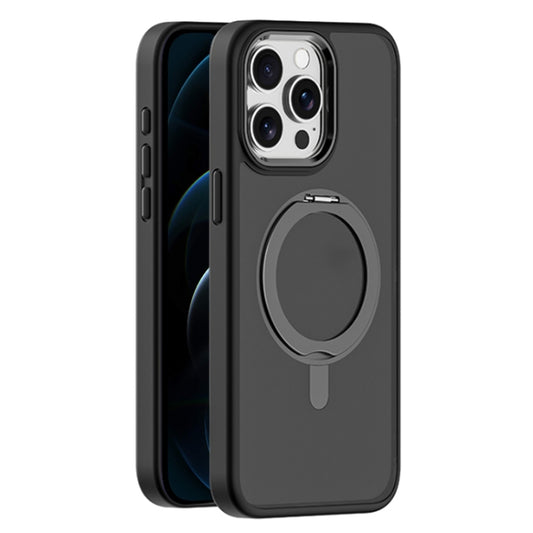 For iPhone 12 Pro Skin Feel Frosted MagSafe Magnetic Rotating Holder Phone Case(Black) - iPhone 12 / 12 Pro Cases by buy2fix | Online Shopping UK | buy2fix