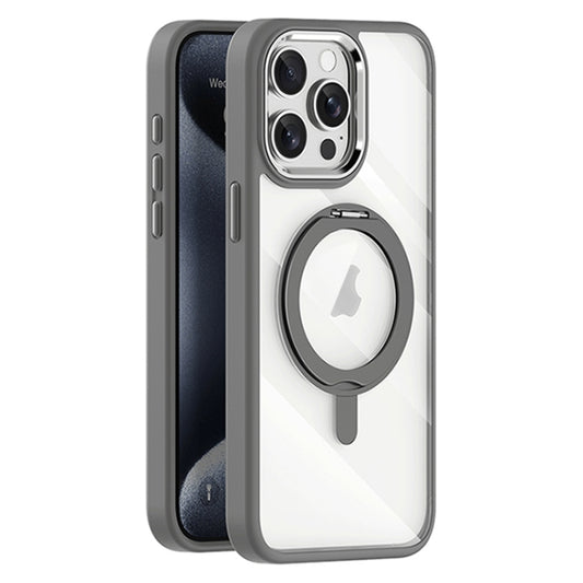 For iPhone 15 Pro Transparent MagSafe Magnetic Rotating Holder Phone Case(Light Grey) - iPhone 15 Pro Cases by buy2fix | Online Shopping UK | buy2fix