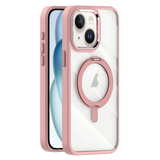 For iPhone 15 Transparent MagSafe Magnetic Rotating Holder Phone Case(Pink)
