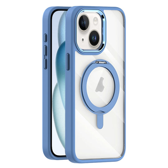 For iPhone 15 Transparent MagSafe Magnetic Rotating Holder Phone Case(Light Blue)