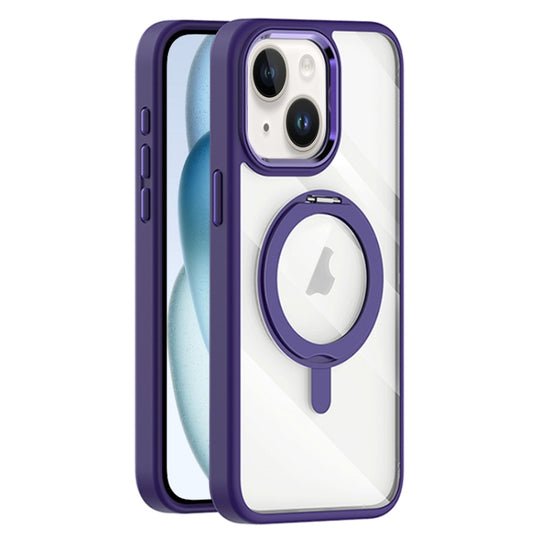 For iPhone 15 Transparent MagSafe Magnetic Rotating Holder Phone Case(Purple)