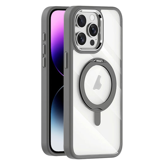 For iPhone 14 Pro Max Transparent MagSafe Magnetic Rotating Holder Phone Case(Light Grey) - iPhone 14 Pro Max Cases by buy2fix | Online Shopping UK | buy2fix