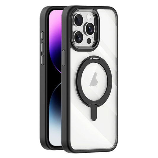 For iPhone 14 Pro Max Transparent MagSafe Magnetic Rotating Holder Phone Case(Black) - iPhone 14 Pro Max Cases by buy2fix | Online Shopping UK | buy2fix
