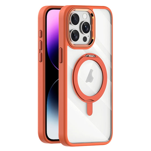 For iPhone 14 Pro Max Transparent MagSafe Magnetic Rotating Holder Phone Case(Orange) - iPhone 14 Pro Max Cases by buy2fix | Online Shopping UK | buy2fix