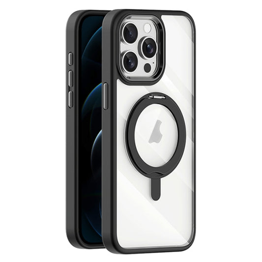 For iPhone 12 Pro Max Transparent MagSafe Magnetic Rotating Holder Phone Case(Black) - iPhone 12 Pro Max Cases by buy2fix | Online Shopping UK | buy2fix