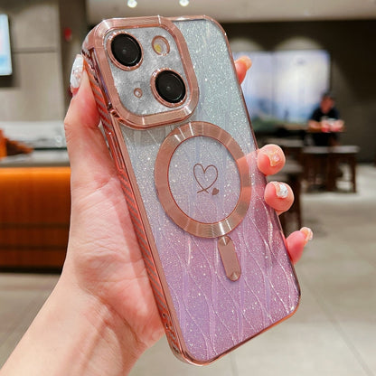 For iPhone 14 Loves Leaves Gradient Glitter Carbon Fiber Magsafe TPU Phone Case(Pink) by buy2fix